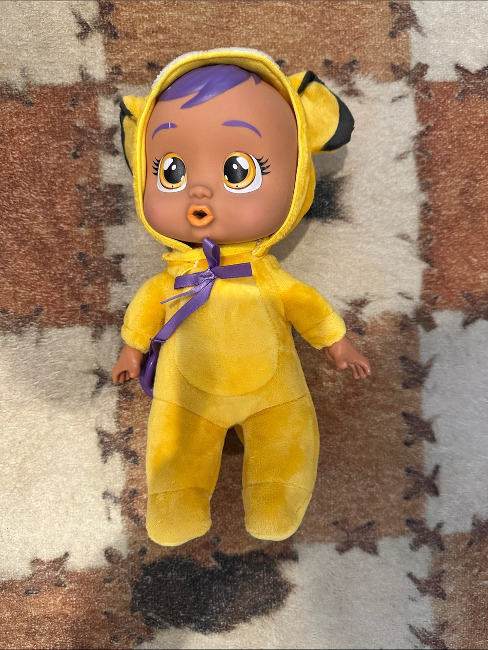 Plush Yellow Baby Doll in Bee Costume with Purple Accents